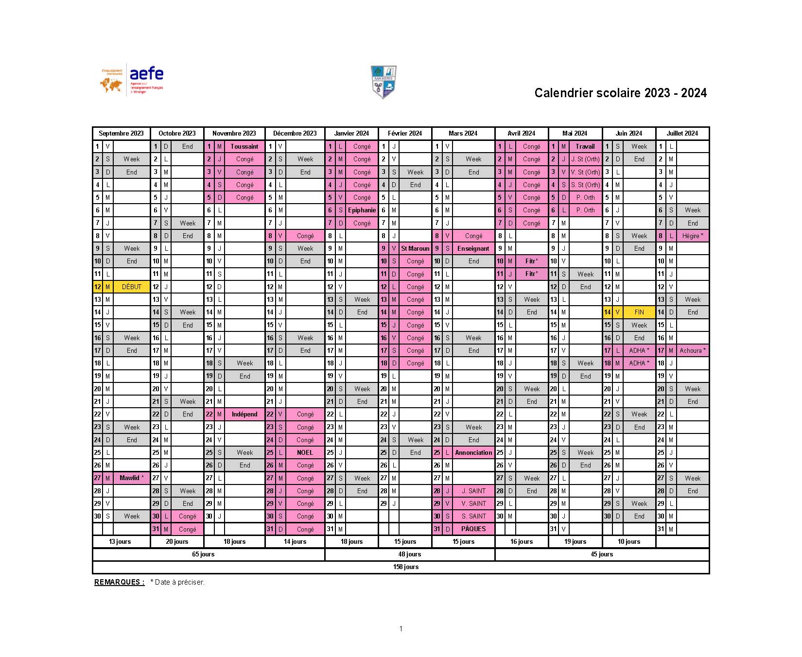 Calendrier scolaire 2023-2024